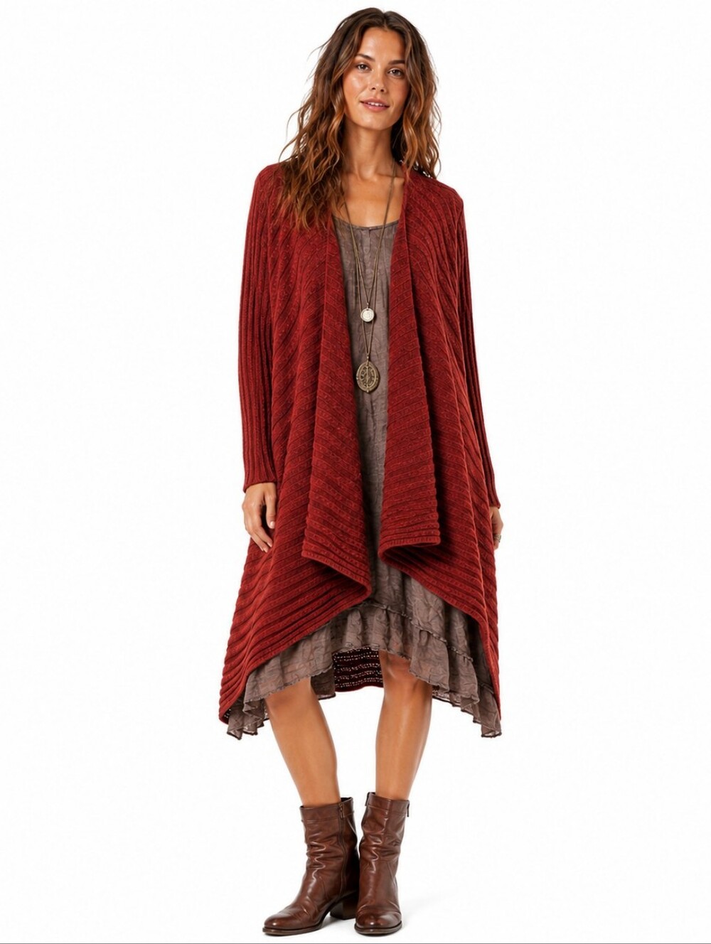 Free People Oversized Waterfall Open Long Cardigan Sweater M Rust Boho Slub Knit